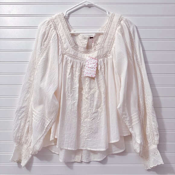 Free People Faraway Fields Embroidered Boho Raglan-Sleeve Top In Ivory NWT - Picture 7 of 16